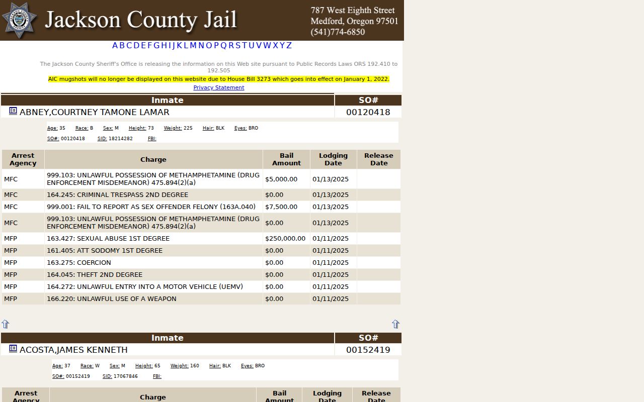 Jackson County arrest records alphabetical inmate booking roster